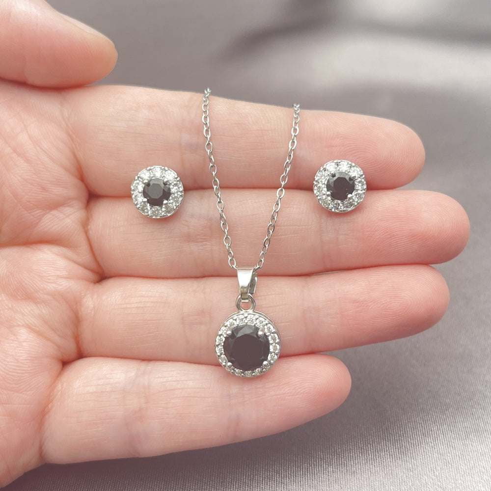 White Gold Filled Earring and Pendant Adult Set, Cluster and Rolo Design, with Black and White Cubic Zirconia, Polished, Rhodium Finish