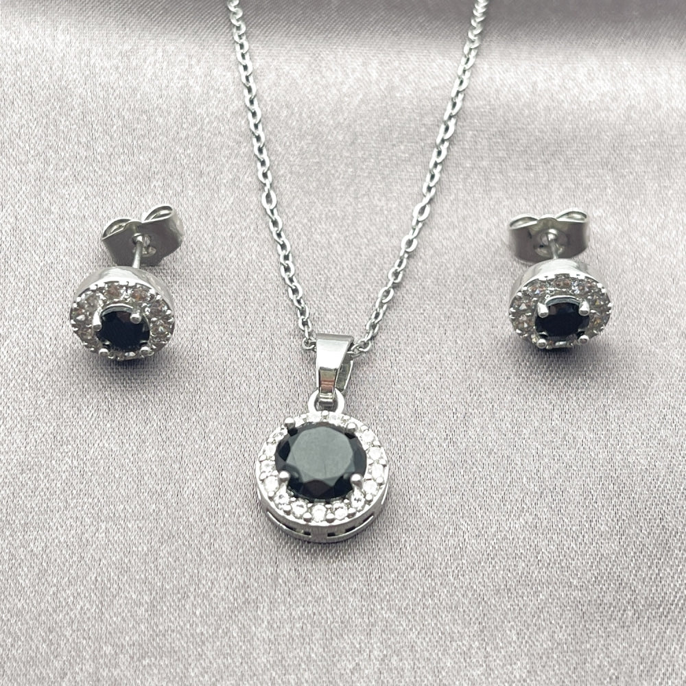 White Gold Filled Earring and Pendant Adult Set, Cluster and Rolo Design, with Black and White Cubic Zirconia, Polished, Rhodium Finish