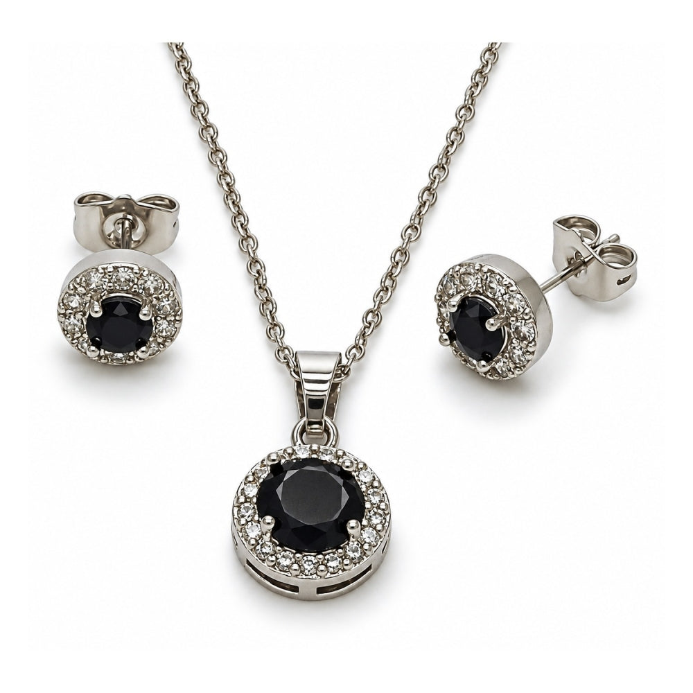 White Gold Filled Earring and Pendant Adult Set, Cluster and Rolo Design, with Black and White Cubic Zirconia, Polished, Rhodium Finish