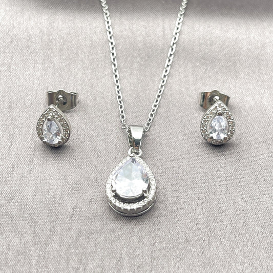Rhodium Gold Filled Earring and Pendant Adult Set, Teardrop and Cluster Design, with White Cubic Zirconia and White Micro Pave, Polished, Rhodium Finish