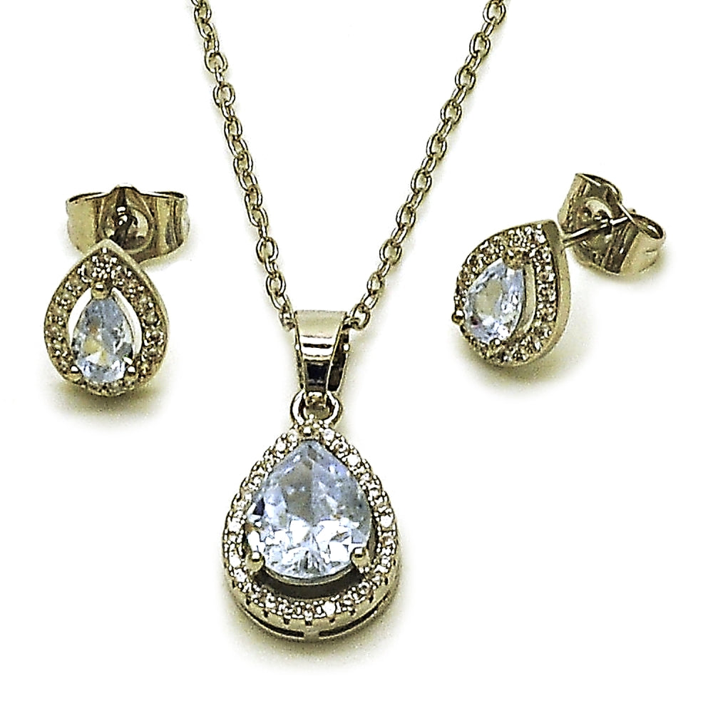 Rhodium Gold Filled Earring and Pendant Adult Set, Teardrop and Cluster Design, with White Cubic Zirconia and White Micro Pave, Polished, Rhodium Finish