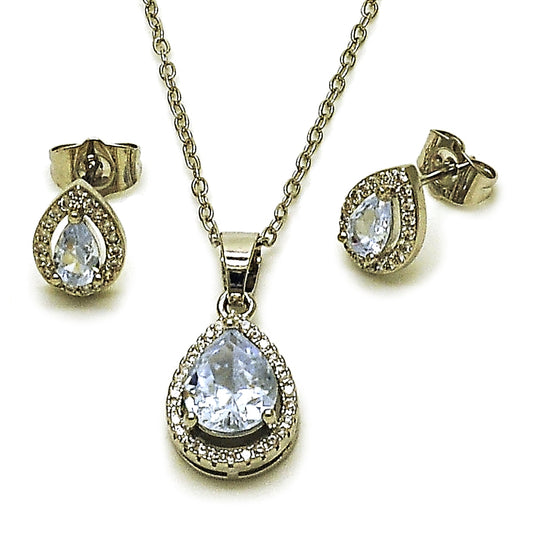 Rhodium Gold Filled Earring and Pendant Adult Set, Teardrop and Cluster Design, with White Cubic Zirconia and White Micro Pave, Polished, Rhodium Finish
