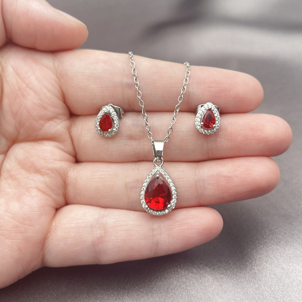 White Gold Filled Earring and Pendant Adult Set, Teardrop and Cluster Design, with Garnet Cubic Zirconia and White Micro Pave, Polished, Rhodium Finish