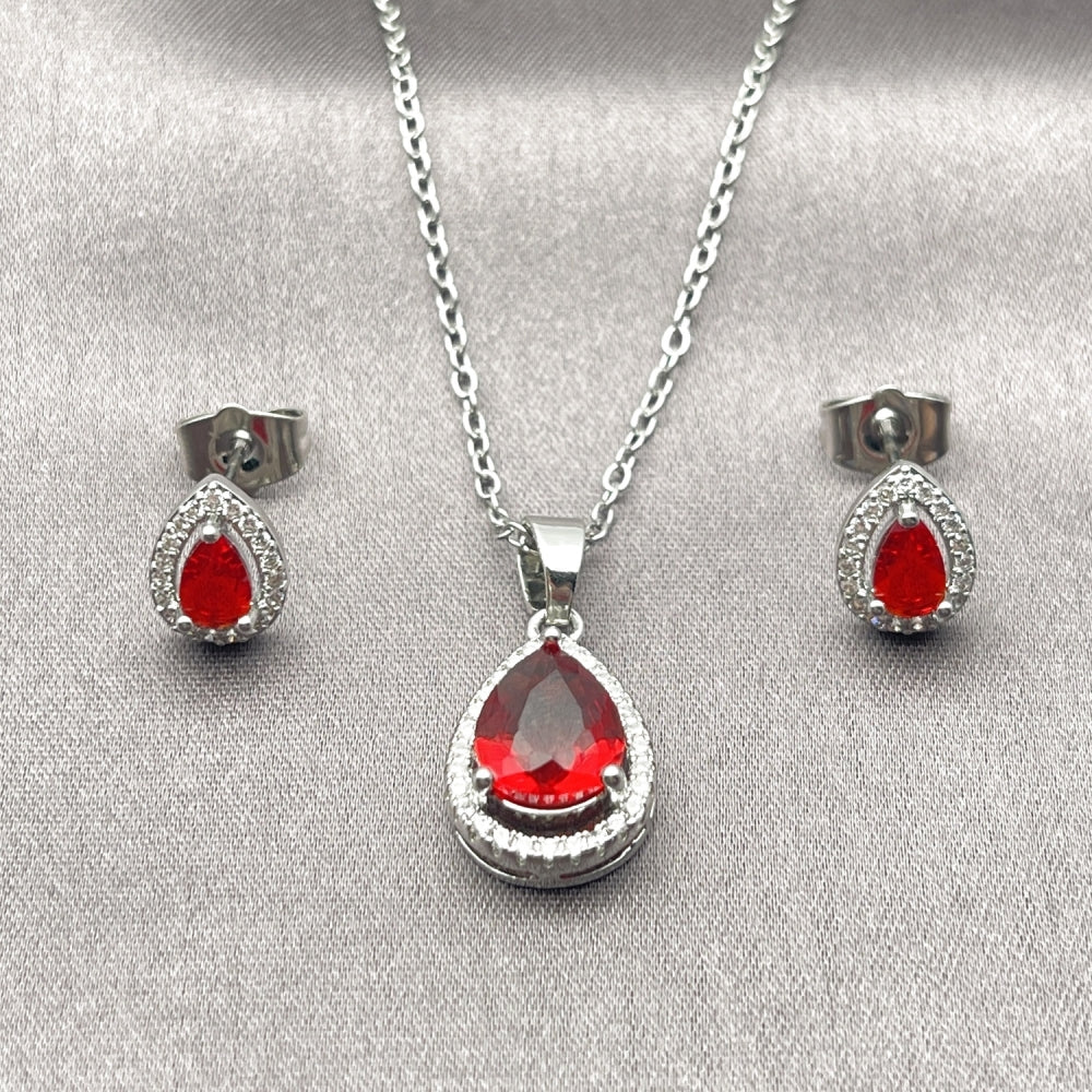 White Gold Filled Earring and Pendant Adult Set, Teardrop and Cluster Design, with Garnet Cubic Zirconia and White Micro Pave, Polished, Rhodium Finish