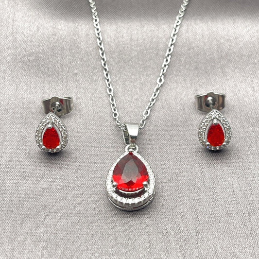 Rhodium Gold Filled Earring and Pendant Adult Set, Teardrop and Cluster Design, with Garnet Cubic Zirconia and White Micro Pave, Polished, Rhodium Finish