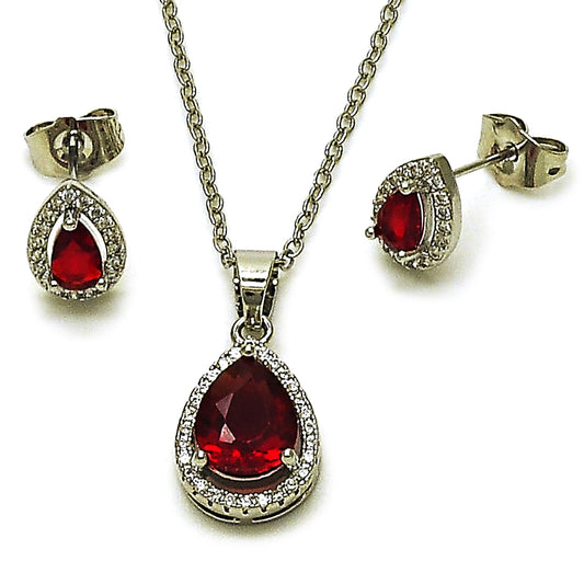 Rhodium Gold Filled Earring and Pendant Adult Set, Teardrop and Cluster Design, with Garnet Cubic Zirconia and White Micro Pave, Polished, Rhodium Finish