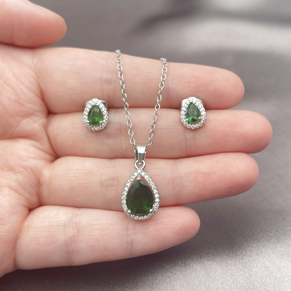 White Gold Filled Earring and Pendant Adult Set, Teardrop and Cluster Design, with Green Cubic Zirconia and White Micro Pave, Polished, Rhodium Finish