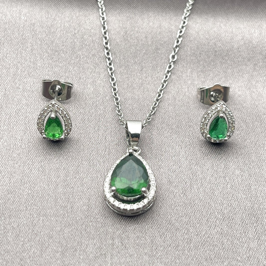 Rhodium Gold Filled Earring and Pendant Adult Set, Teardrop and Cluster Design, with Green Cubic Zirconia and White Micro Pave, Polished, Rhodium Finish