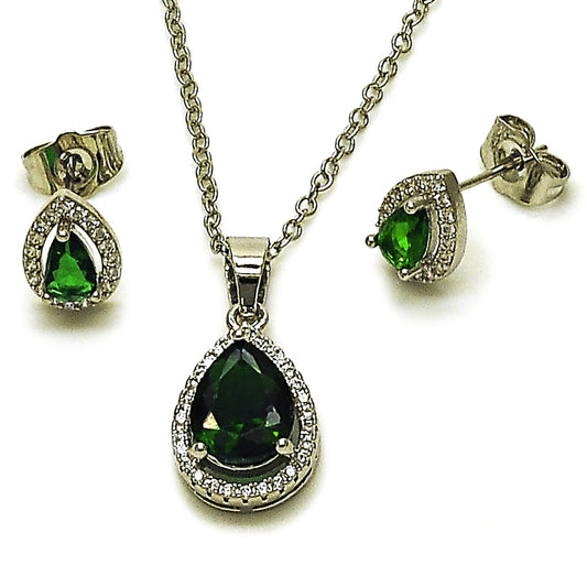 Rhodium Gold Filled Earring and Pendant Adult Set, Teardrop and Cluster Design, with Green Cubic Zirconia and White Micro Pave, Polished, Rhodium Finish