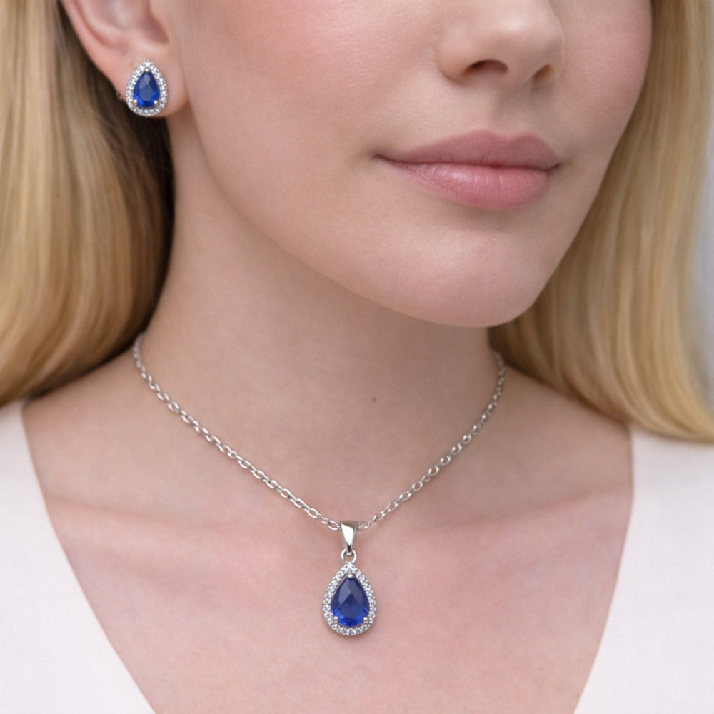 Rhodium Gold Filled Earring and Pendant Adult Set, Teardrop and Cluster Design, with Sapphire Blue Cubic Zirconia and White Micro Pave, Polished, Rhodium Finish