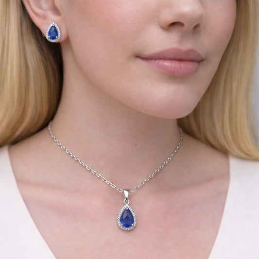 Rhodium Gold Filled Earring and Pendant Adult Set, Teardrop and Cluster Design, with Sapphire Blue Cubic Zirconia and White Micro Pave, Polished, Rhodium Finish