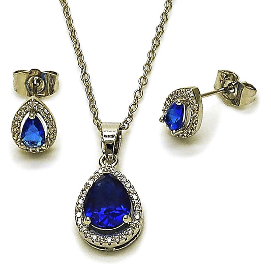Rhodium Gold Filled Earring and Pendant Adult Set, Teardrop and Cluster Design, with Sapphire Blue Cubic Zirconia and White Micro Pave, Polished, Rhodium Finish