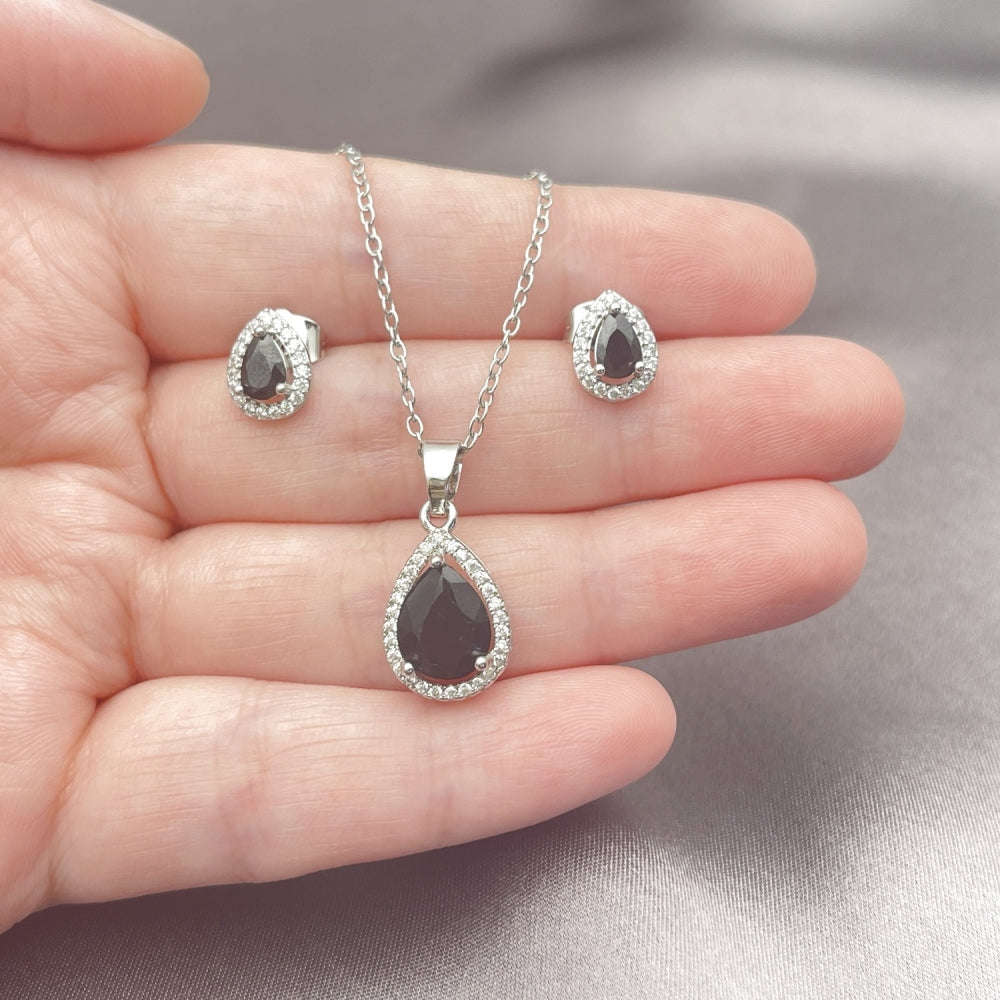 White Gold Filled Earring and Pendant Adult Set, Teardrop and Cluster Design, with Black Cubic Zirconia and White Micro Pave, Polished, Rhodium Finish