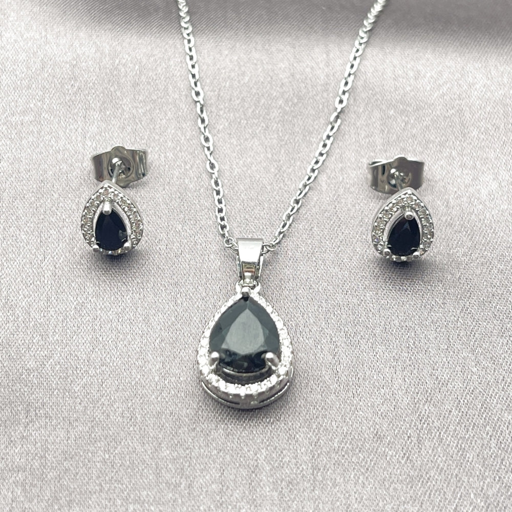 White Gold Filled Earring and Pendant Adult Set, Teardrop and Cluster Design, with Black Cubic Zirconia and White Micro Pave, Polished, Rhodium Finish