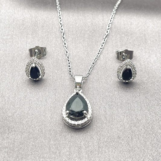 Rhodium Gold Filled Earring and Pendant Adult Set, Teardrop and Cluster Design, with Black Cubic Zirconia and White Micro Pave, Polished, Rhodium Finish