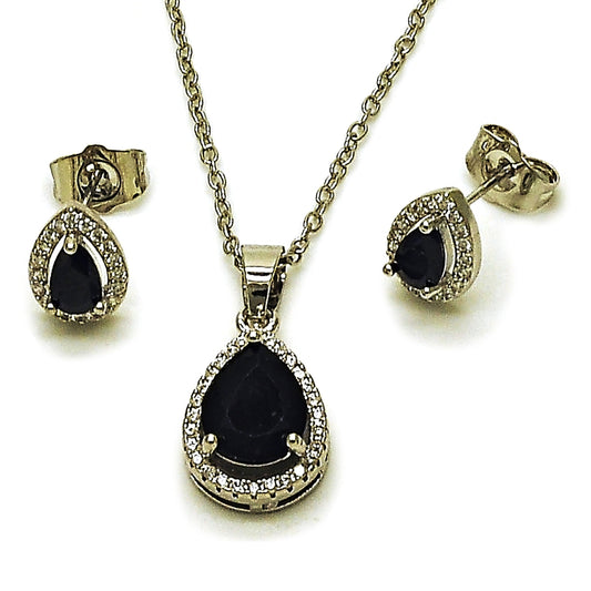 Rhodium Gold Filled Earring and Pendant Adult Set, Teardrop and Cluster Design, with Black Cubic Zirconia and White Micro Pave, Polished, Rhodium Finish