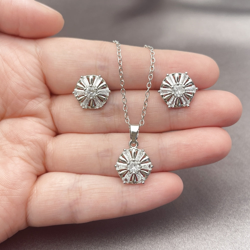White Gold Filled Earring and Pendant Adult Set, Flower and Baguette Design, with White Cubic Zirconia, Polished, Rhodium Finish