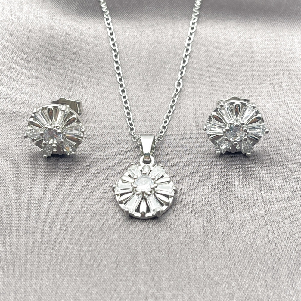 White Gold Filled Earring and Pendant Adult Set, Flower and Baguette Design, with White Cubic Zirconia, Polished, Rhodium Finish