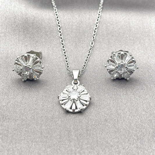 Rhodium Gold Filled Earring and Pendant Adult Set, Flower and Baguette Design, with White Cubic Zirconia, Polished, Rhodium Finish