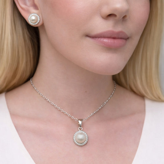 Rhodium Gold Filled Earring and Pendant Adult Set, Cluster Design, with Ivory Pearl and White Micro Pave, Polished, Rhodium Finish