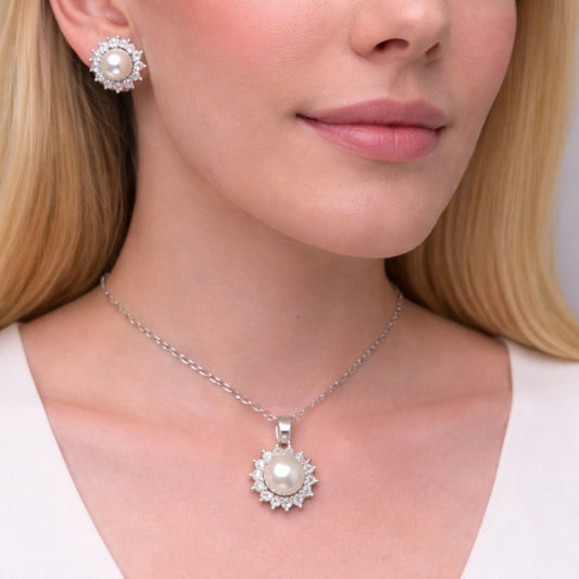 Rhodium Gold Filled Earring and Pendant Adult Set, Flower and Cluster Design, with Ivory Pearl and White Cubic Zirconia, Polished, Rhodium Finish