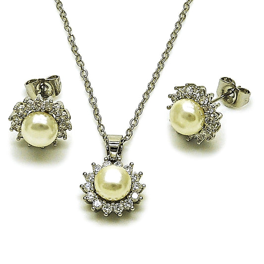 Rhodium Gold Filled Earring and Pendant Adult Set, Flower and Cluster Design, with Ivory Pearl and White Cubic Zirconia, Polished, Rhodium Finish