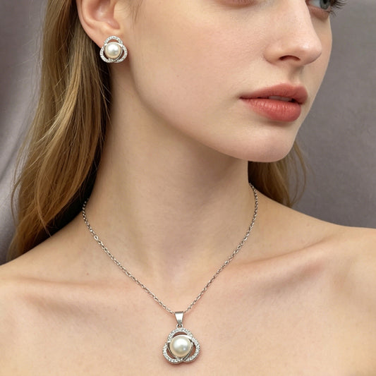 Rhodium Gold Filled Earring and Pendant Adult Set, Love Knot and Cluster Design, with Ivory Pearl and White Micro Pave, Polished, Rhodium Finish
