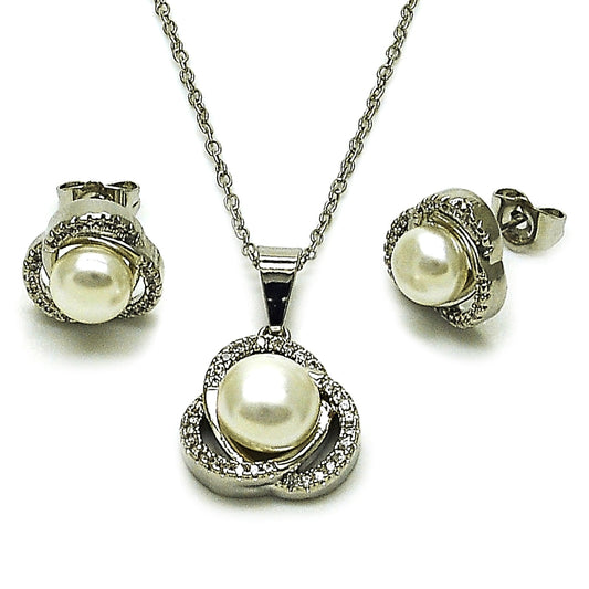 Rhodium Gold Filled Earring and Pendant Adult Set, Love Knot and Cluster Design, with Ivory Pearl and White Micro Pave, Polished, Rhodium Finish