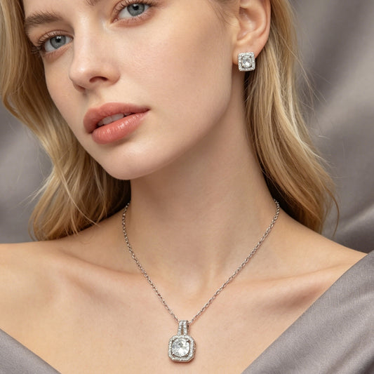 Rhodium Gold Filled Earring and Pendant Adult Set, Cluster Design, with White Cubic Zirconia and White Micro Pave, Polished, Rhodium Finish