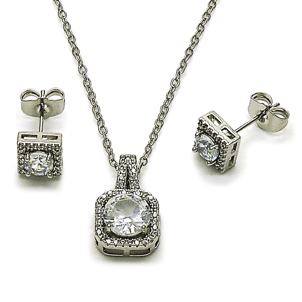 Rhodium Gold Filled Earring and Pendant Adult Set, Cluster Design, with White Cubic Zirconia and White Micro Pave, Polished, Rhodium Finish