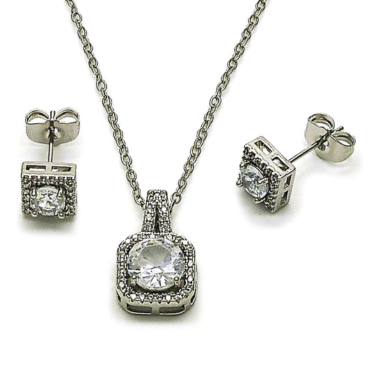 Rhodium Gold Filled Earring and Pendant Adult Set, Cluster Design, with White Cubic Zirconia and White Micro Pave, Polished, Rhodium Finish