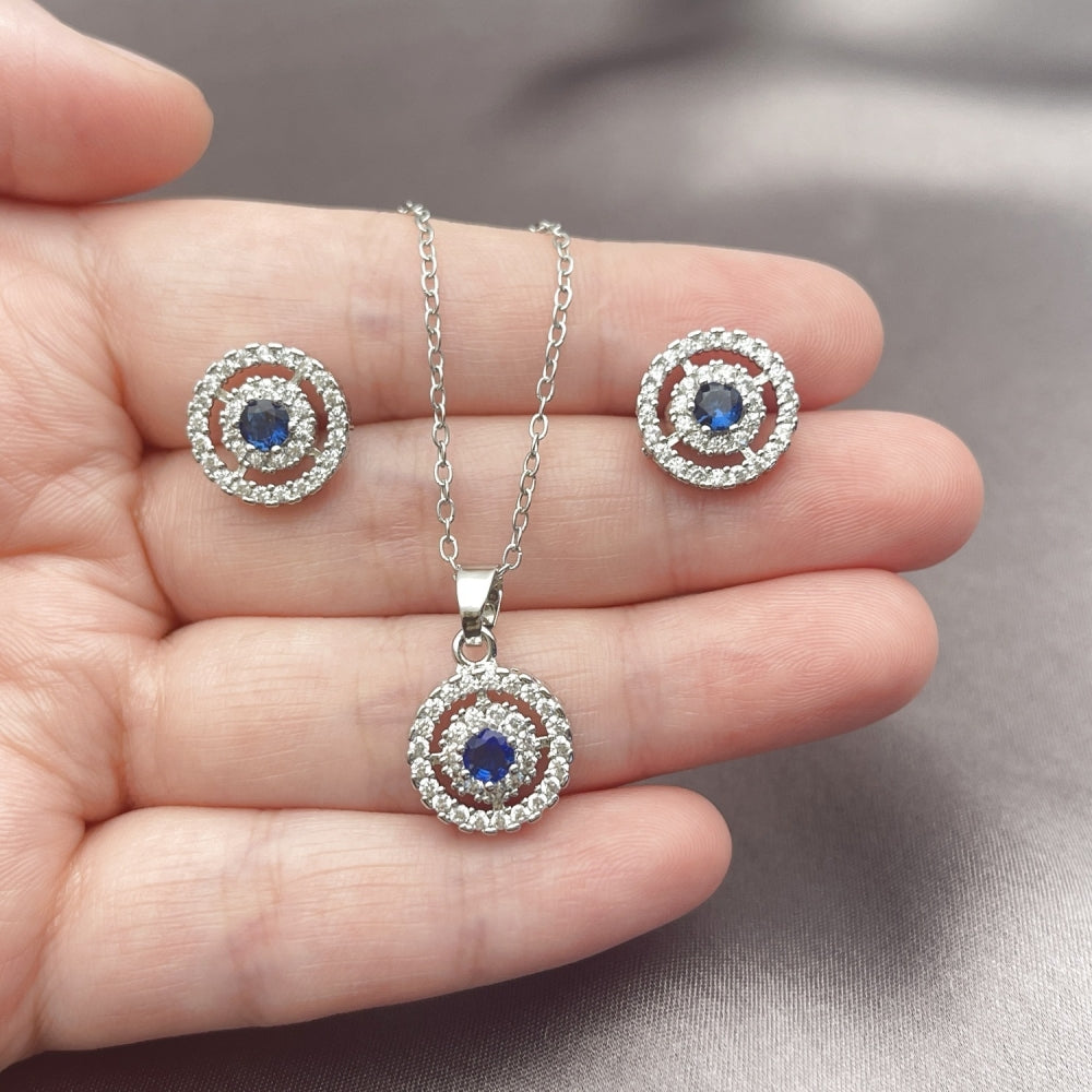 White Gold Filled Earring and Pendant Adult Set, Cluster Design, with Sapphire Blue and White Cubic Zirconia, Polished, Rhodium Finish