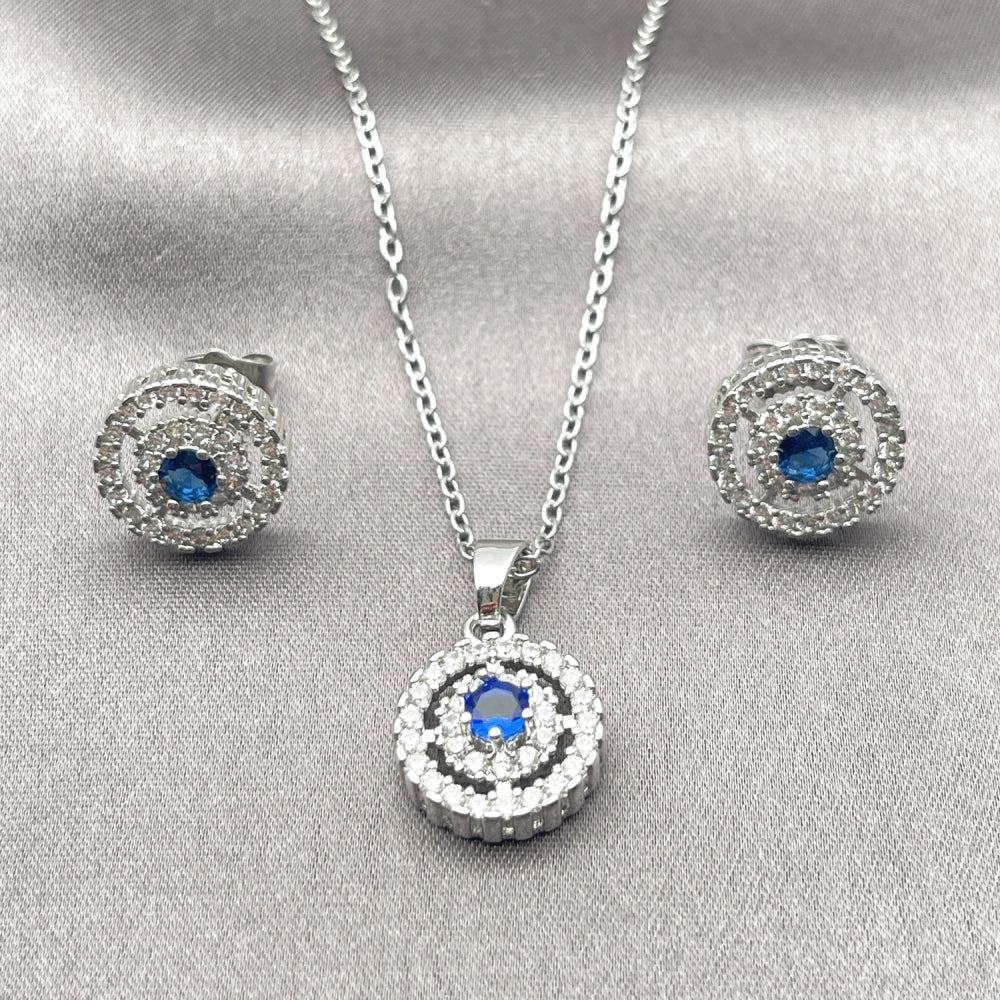 White Gold Filled Earring and Pendant Adult Set, Cluster Design, with Sapphire Blue and White Cubic Zirconia, Polished, Rhodium Finish
