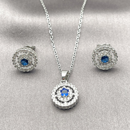 Rhodium Gold Filled Earring and Pendant Adult Set, Cluster Design, with Sapphire Blue and White Cubic Zirconia, Polished, Rhodium Finish