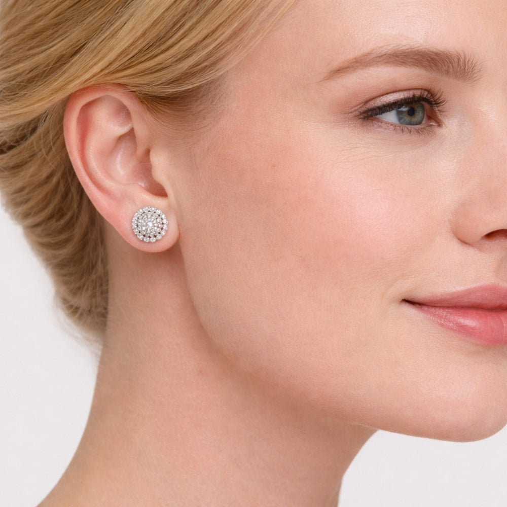 Rhodium Gold Filled Stud Earring, Flower Design, with White Cubic Zirconia, Polished, Rhodium Finish