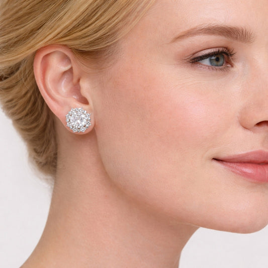 Rhodium Gold Filled Stud Earring, Flower and Cluster Design, with White Cubic Zirconia, Polished, Rhodium Finish