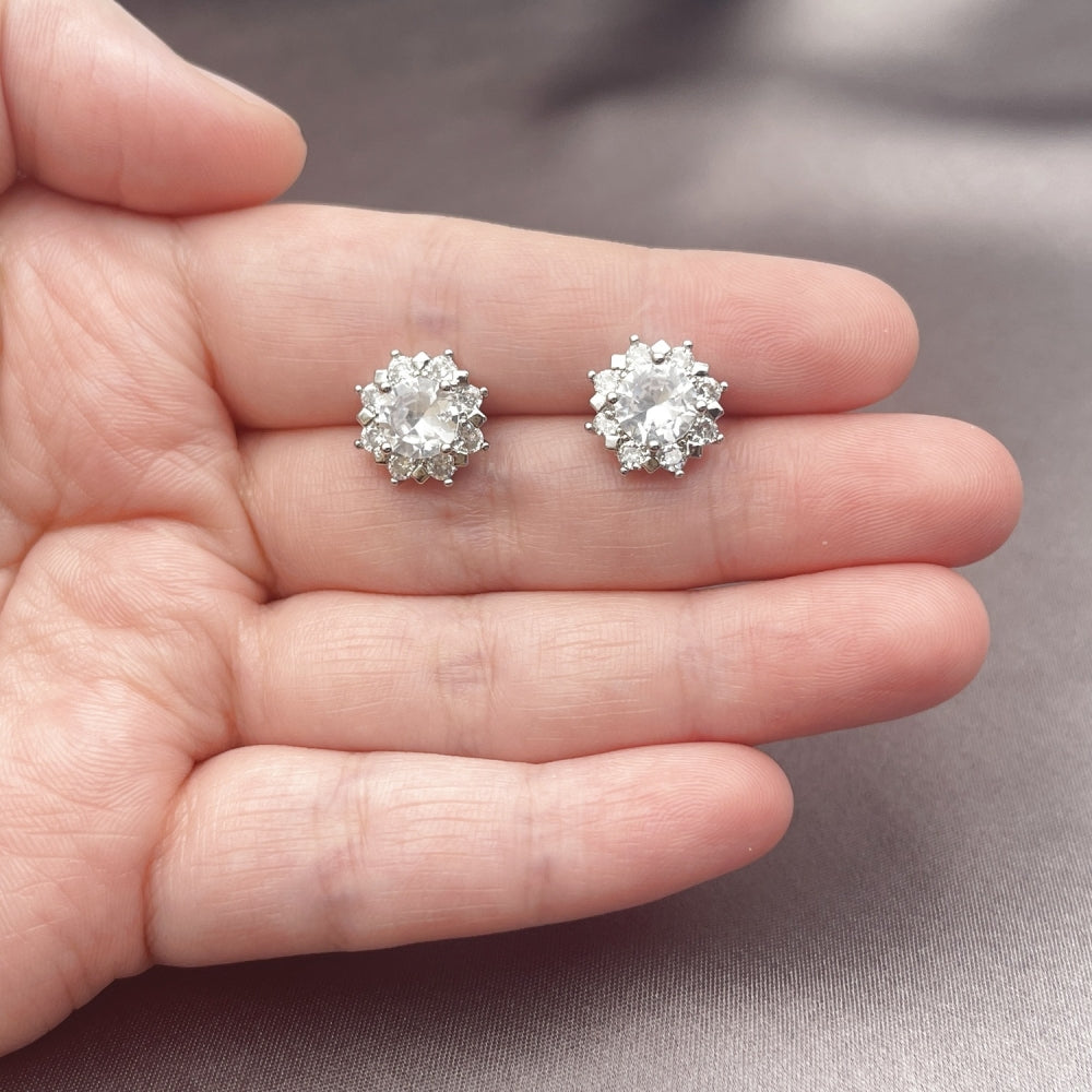 White Gold Filled Stud Earring, Flower and Cluster Design, with White Cubic Zirconia, Polished, Rhodium Finish