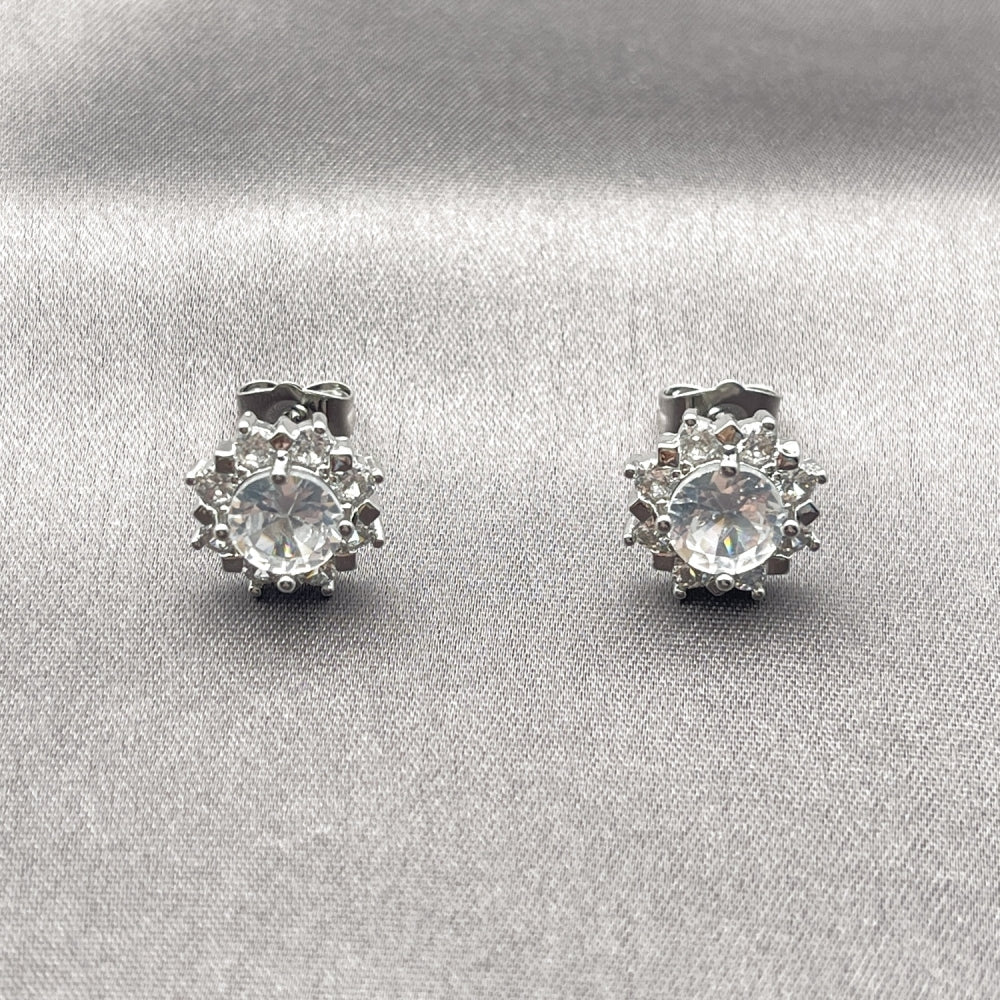 White Gold Filled Stud Earring, Flower and Cluster Design, with White Cubic Zirconia, Polished, Rhodium Finish