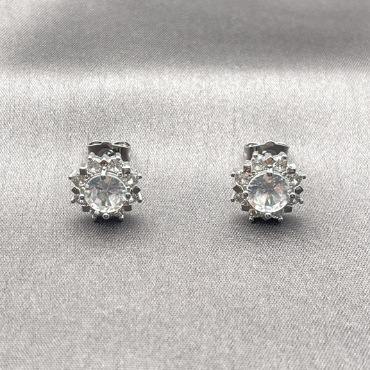 White Gold Filled Stud Earring, Flower and Cluster Design, with White Cubic Zirconia, Polished, Rhodium Finish