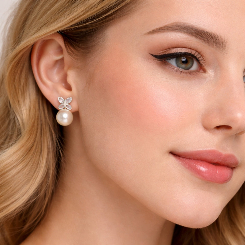 Rhodium Gold Filled Stud Earring, Butterfly and Ball Design, with Ivory Pearl and White Cubic Zirconia, Polished, Rhodium Finish