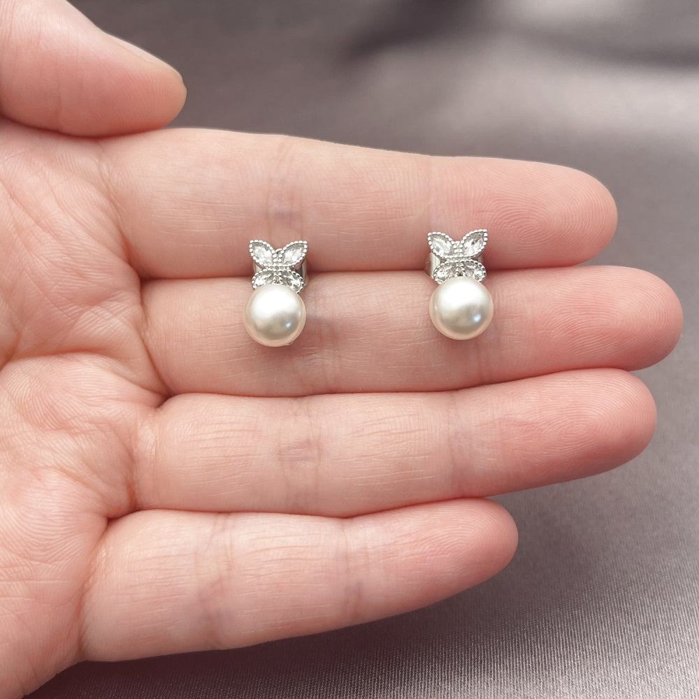 White Gold Filled Stud Earring, Butterfly and Ball Design, with Ivory Pearl and White Cubic Zirconia, Polished, Rhodium Finish