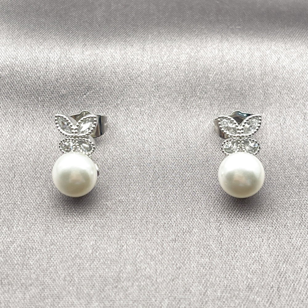 White Gold Filled Stud Earring, Butterfly and Ball Design, with Ivory Pearl and White Cubic Zirconia, Polished, Rhodium Finish