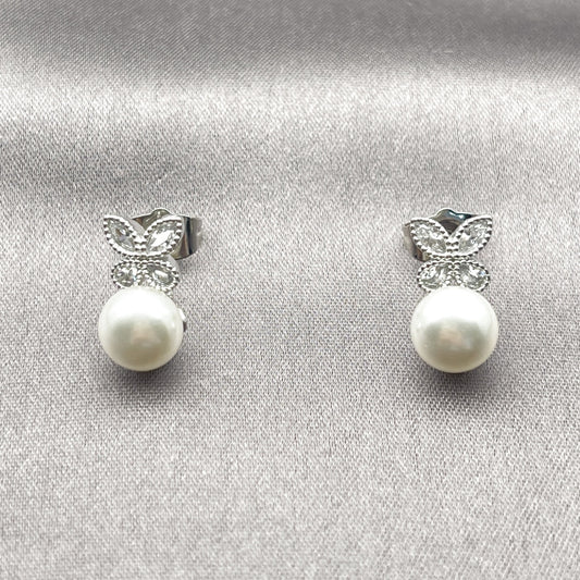 White Gold Filled Stud Earring, Butterfly and Ball Design, with Ivory Pearl and White Cubic Zirconia, Polished, Rhodium Finish