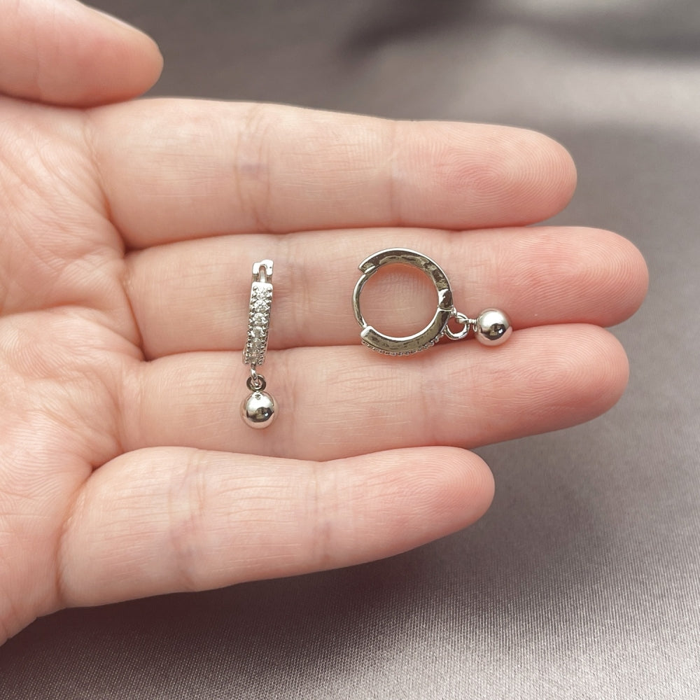 White Gold Filled Huggie Hoop, Ball Design, with White Cubic Zirconia, Polished, Rhodium Finish