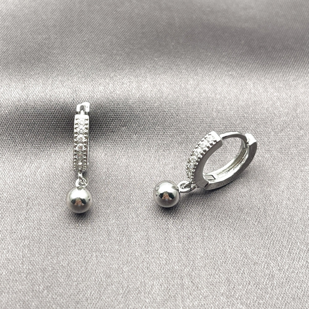 White Gold Filled Huggie Hoop, Ball Design, with White Cubic Zirconia, Polished, Rhodium Finish
