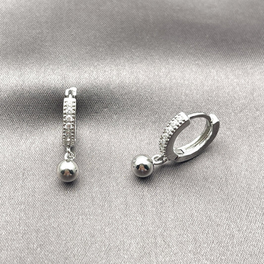 Rhodium Gold Filled Huggie Hoop, Ball Design, with White Cubic Zirconia, Polished, Rhodium Finish