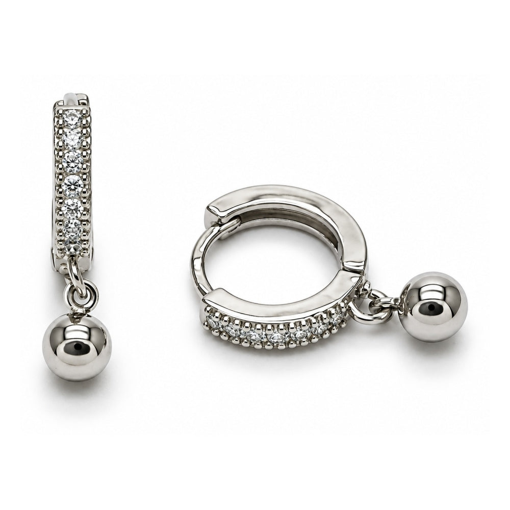White Gold Filled Huggie Hoop, Ball Design, with White Cubic Zirconia, Polished, Rhodium Finish