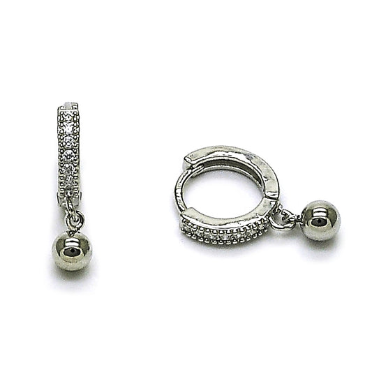 Rhodium Gold Filled Huggie Hoop, Ball Design, with White Cubic Zirconia, Polished, Rhodium Finish