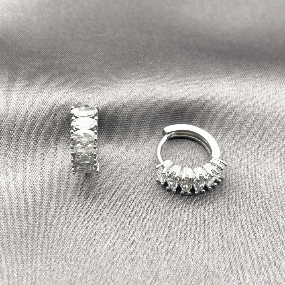 White Gold Filled Huggie Hoop, with White Cubic Zirconia, Polished, Rhodium Finish