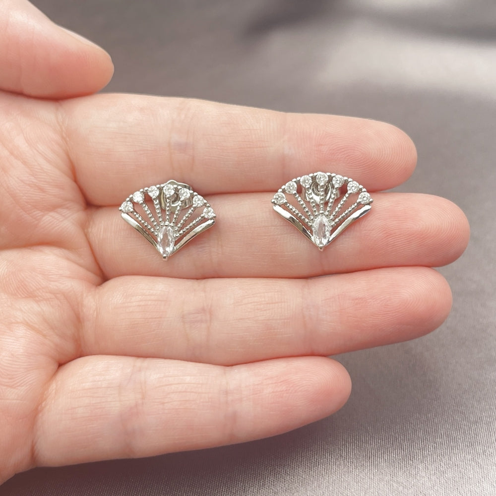 White Gold Filled Stud Earring, Peacock Design, with White Cubic Zirconia, Polished, Rhodium Finish